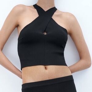 Zara Black Knit Sleeveless Wrap Neck Crop Halter Top with Cut Out Design Size M